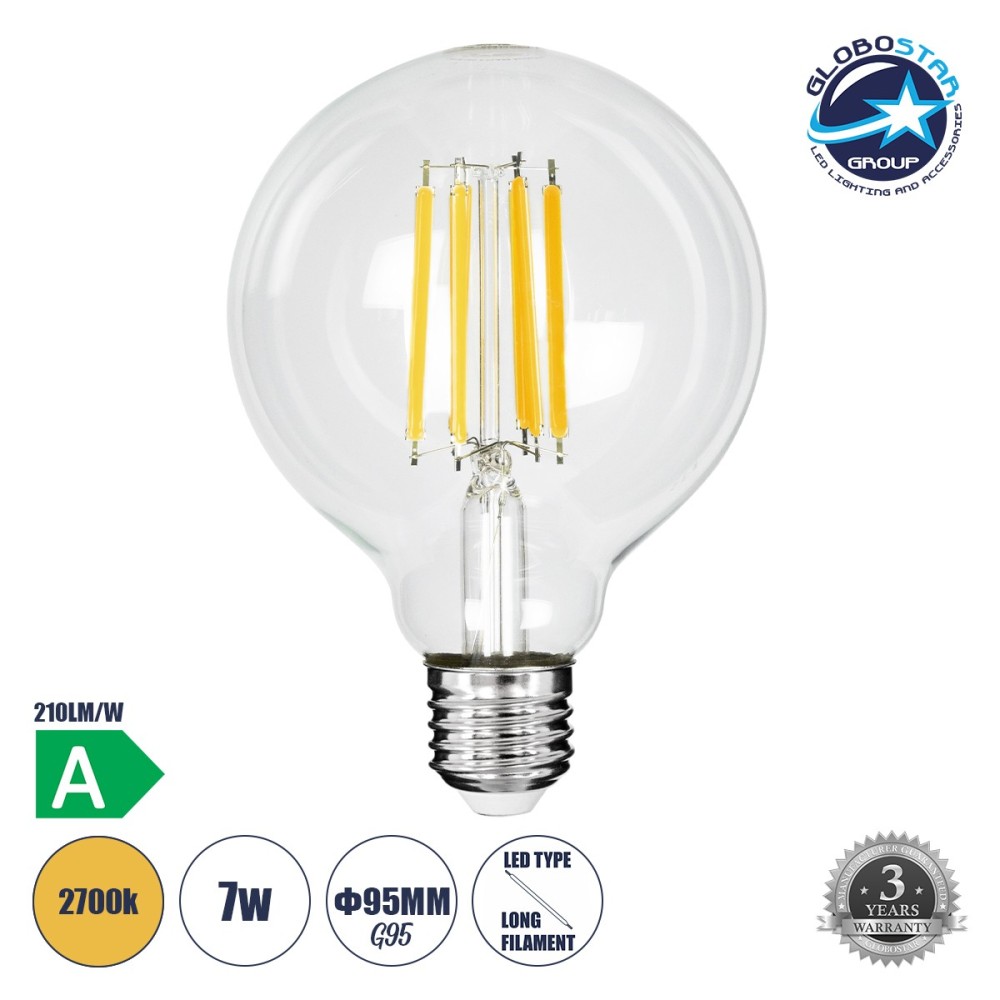 GLOBOSTAR® BUBBLE 99088 Λάμπα E27 G95 LED 7W 1470lm 360° AC 220-240V IP20 Θερμό Λευκό 2700K - Long Filament Chip - Διάφανο - Μ9.5 x Π9.5 x Υ13.8cm - 3 Χρόνια Εγγύηση